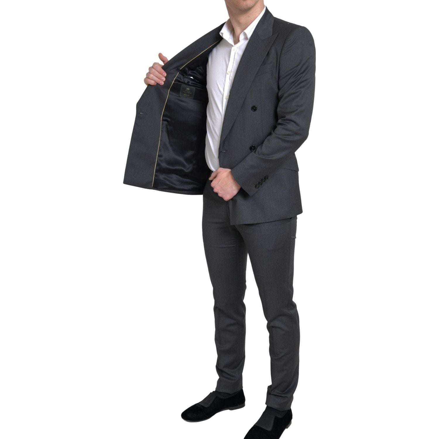 时尚灰色修身双排扣西装