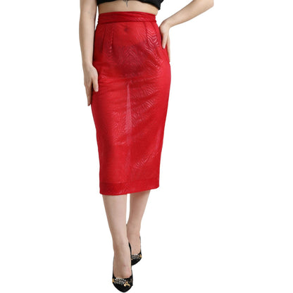 Dolce & Gabbana Red Sheer High Waist Pencil Cut Midi Skirt