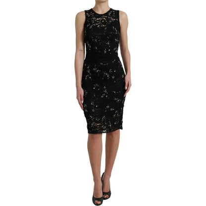 Dolce & Gabbana Black Floral Lace Crystal Sheath Dress