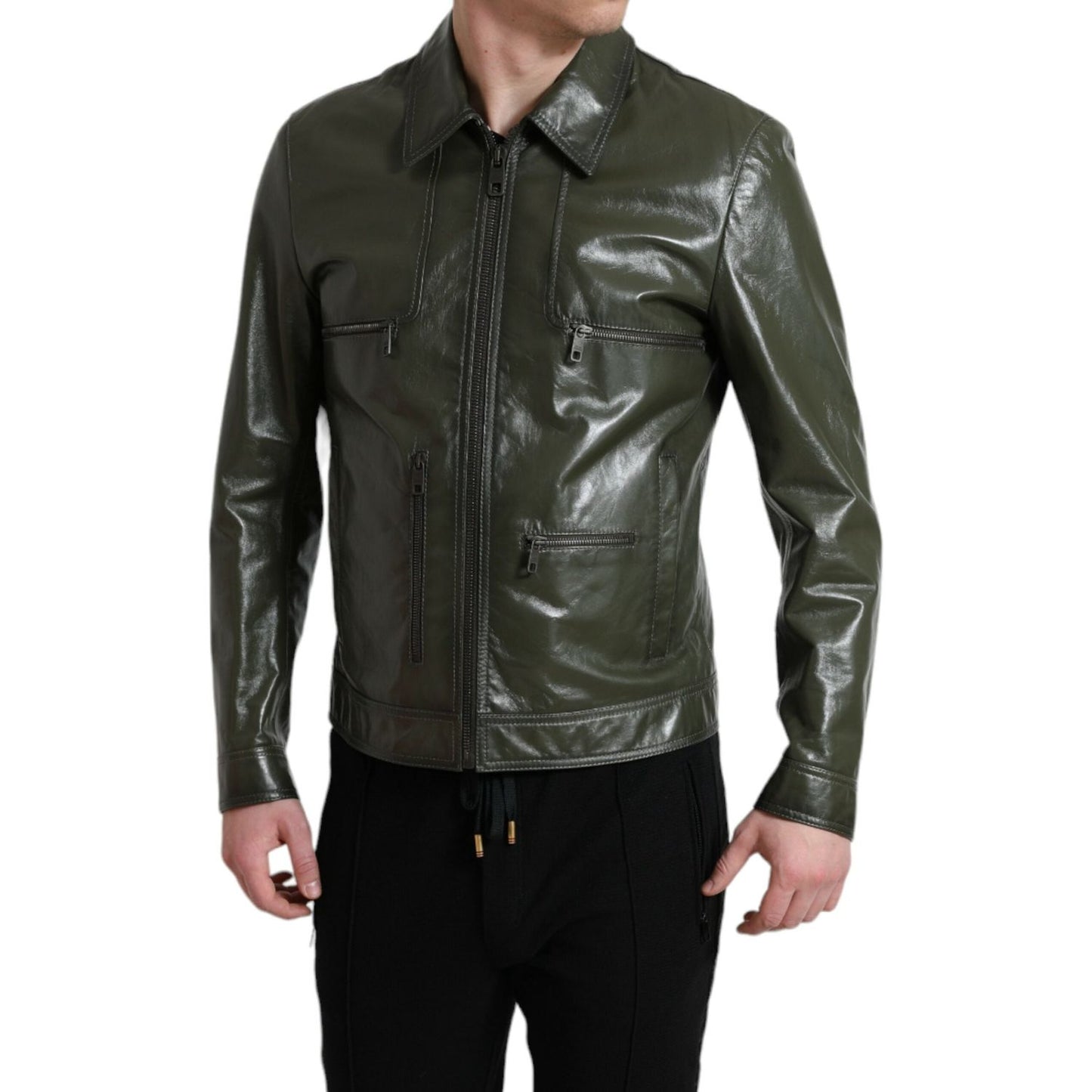 Dolce & Gabbana Green Leather Collared Biker Full Zip Jacket JKT3755-50