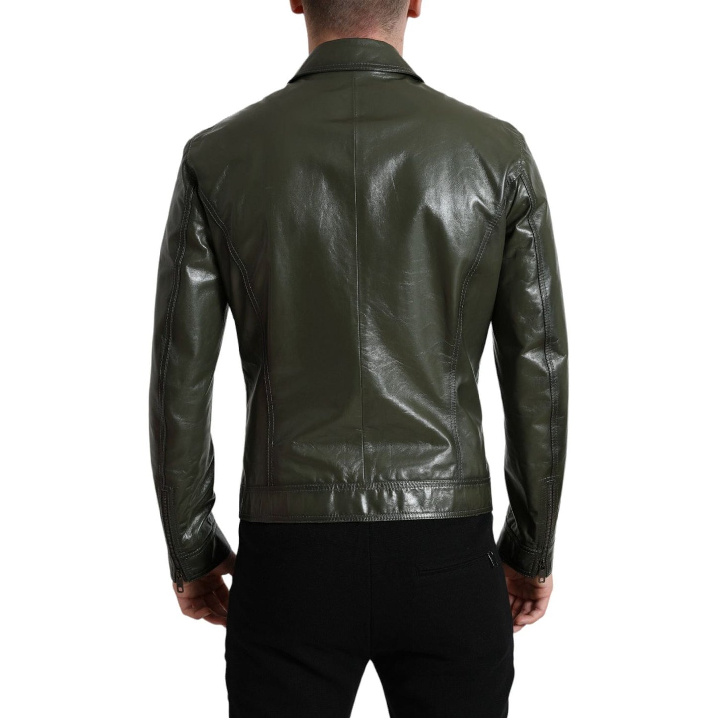 Dolce & Gabbana Green Leather Collared Biker Full Zip Jacket JKT3755-50