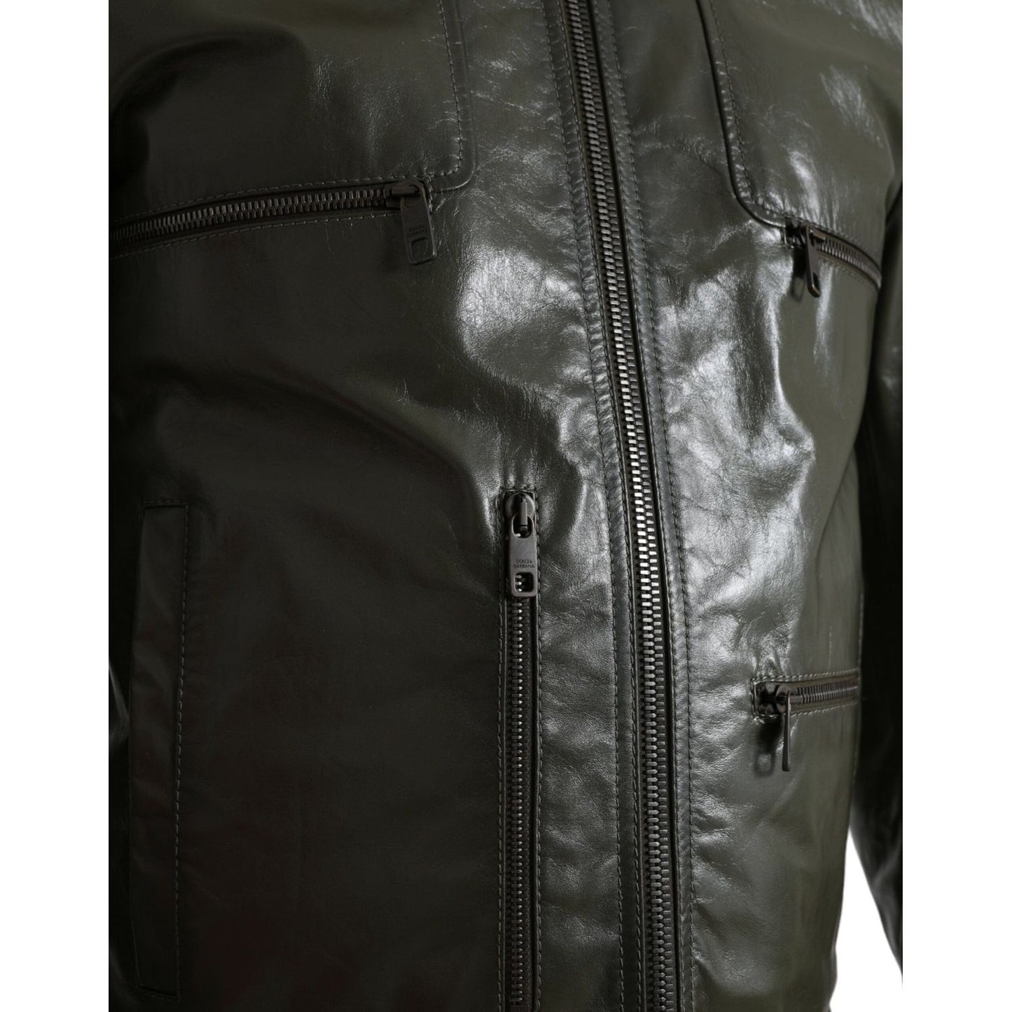 Dolce & Gabbana Green Leather Collared Biker Full Zip Jacket JKT3755-50