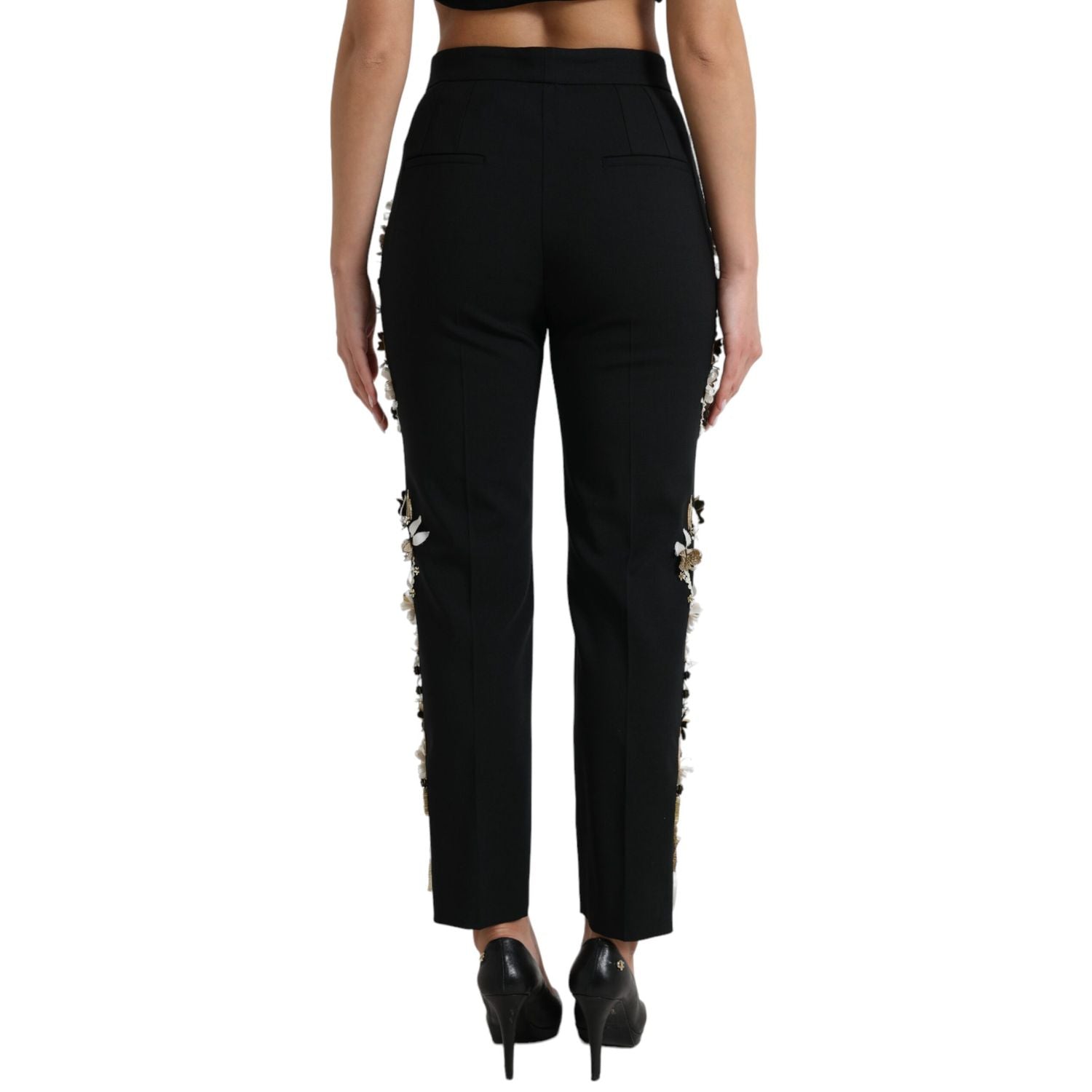 Dolce & Gabbana Black Floral Applique High Waist Tapered Pants