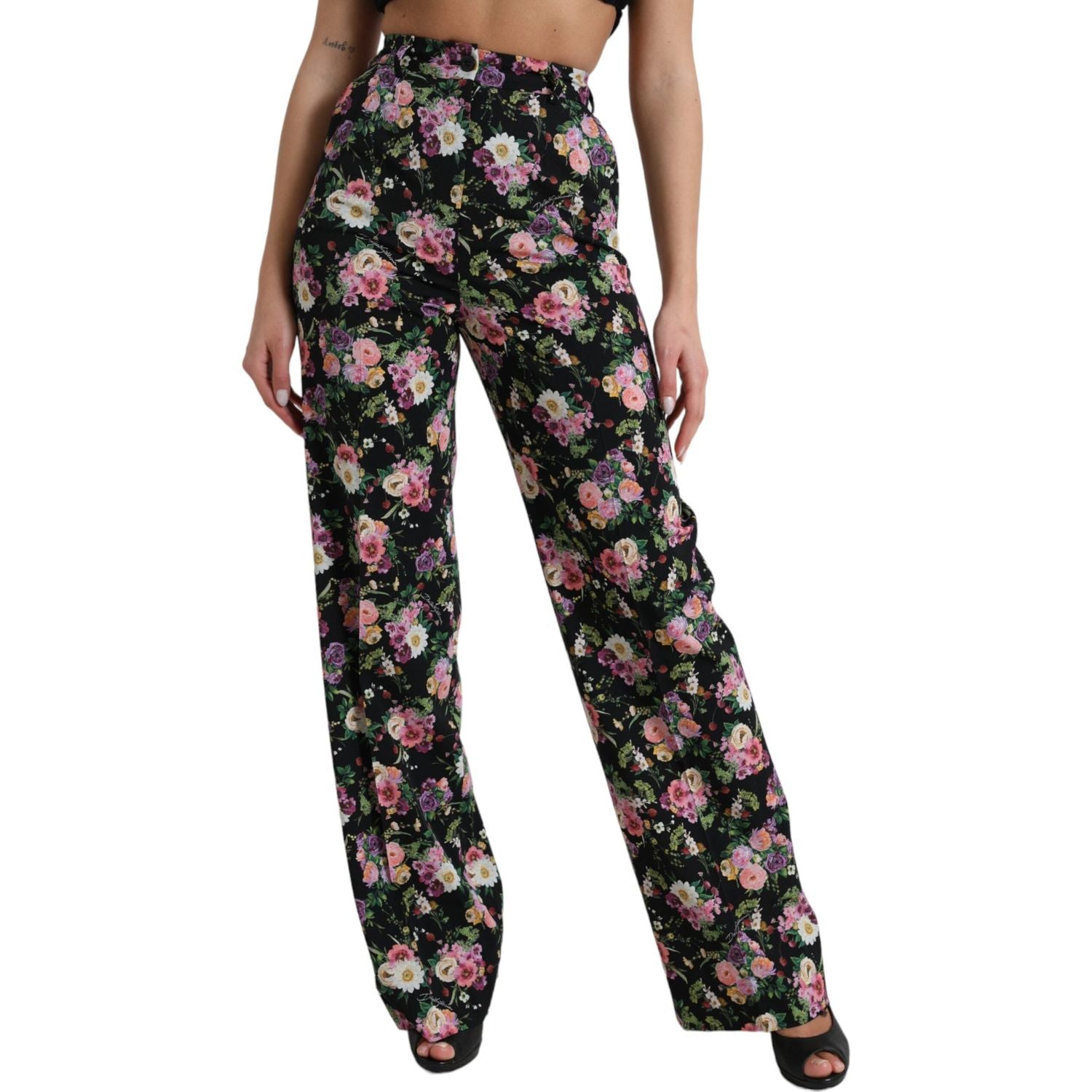 Dolce & Gabbana Black Floral Wool High Waist Wide Leg Pants