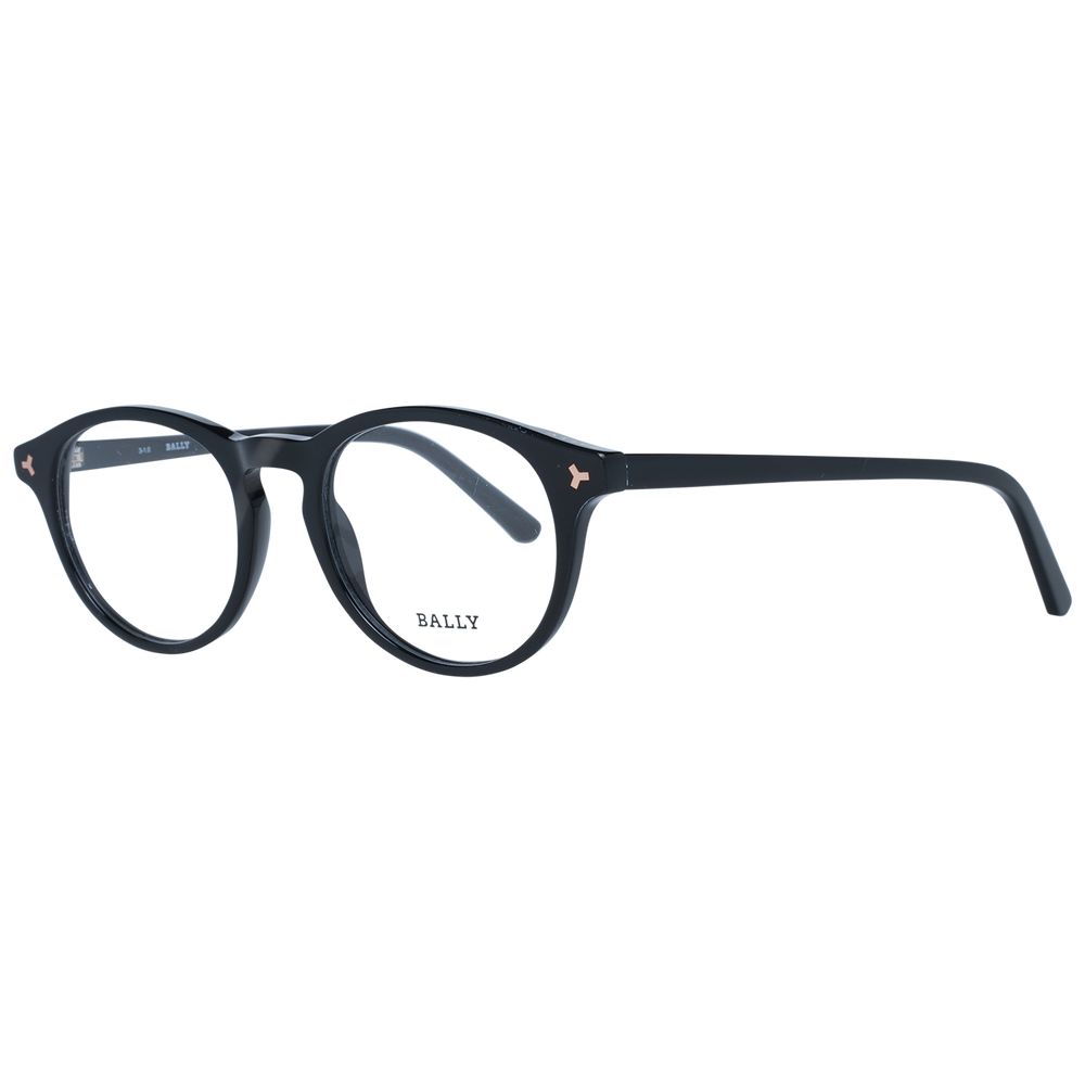 Bally Black Unisex Glasses Frame, round plastic full-rim design with demo lenses in black color, for men and women.