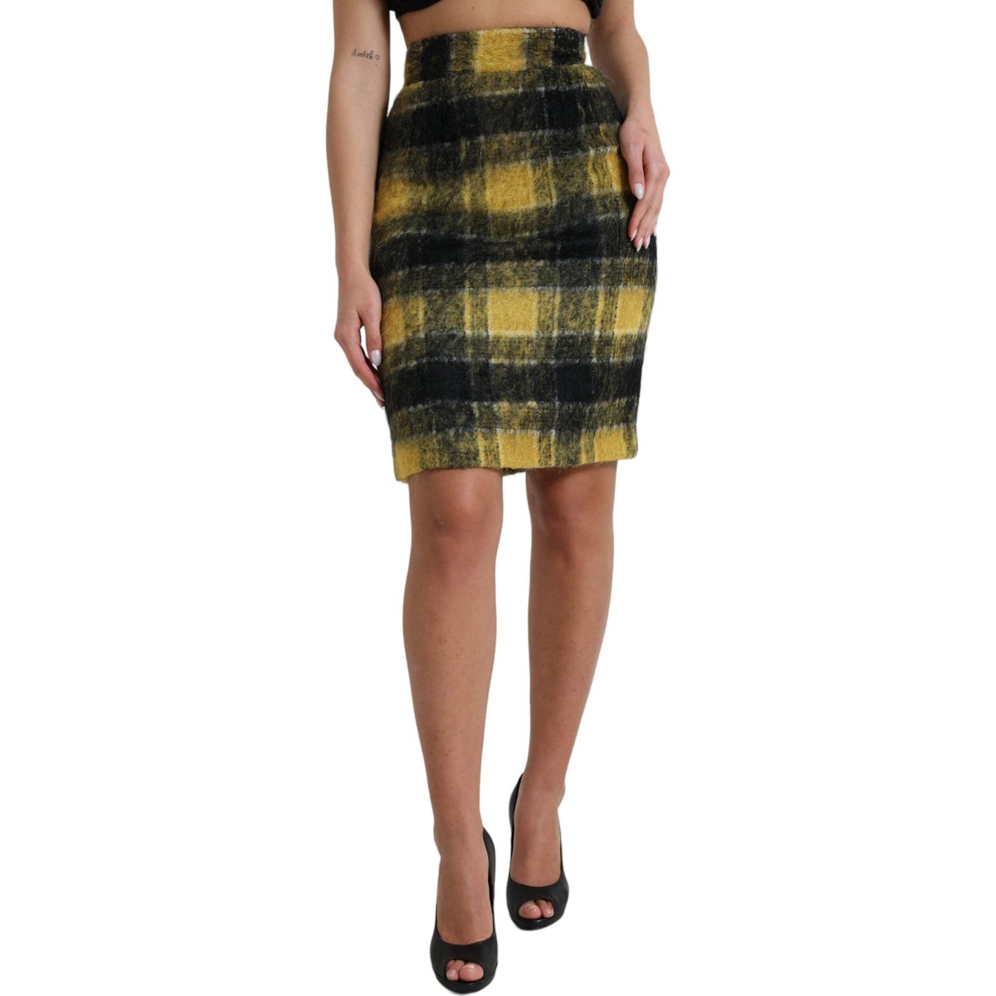 Dolce & Gabbana Yellow Black Brushed Checked Wool Pencil Cut Skirt