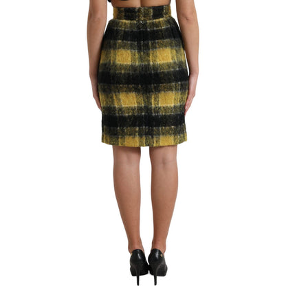 Dolce & Gabbana Yellow Black Brushed Checked Wool Pencil Cut Skirt