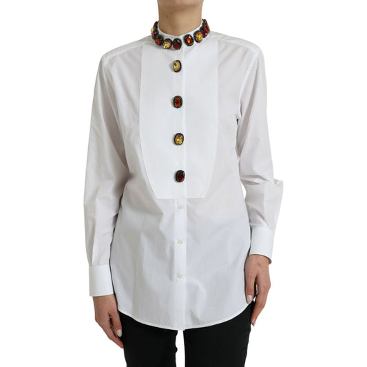 Dolce & Gabbana White Cotton Crystals Embellished Shirt Top
