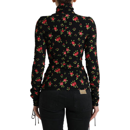 Dolce & Gabbana Black Rose Print Turtle Neck Blouse Top