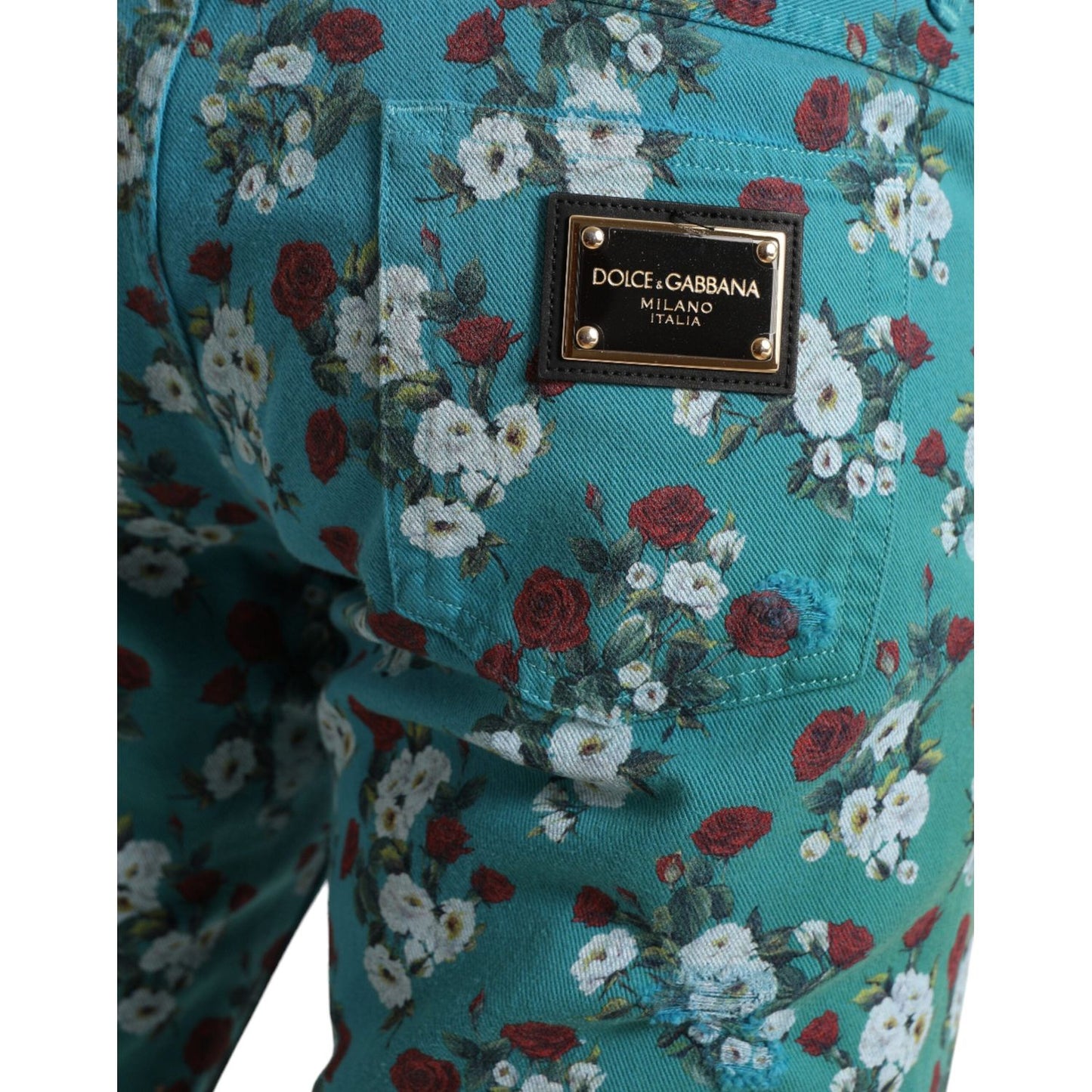 Dolce & Gabbana Blue Floral Print Skinny Cotton Denim Pants