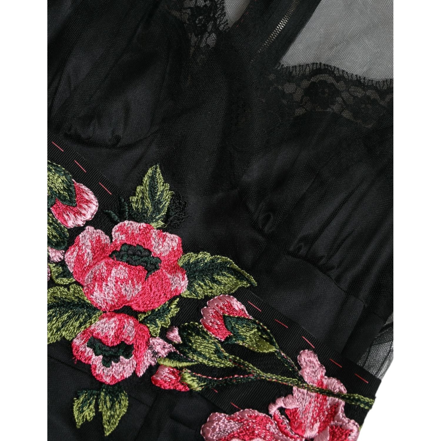 Dolce & Gabbana Black Floral Embroidery Mesh Tulle Gown Dress