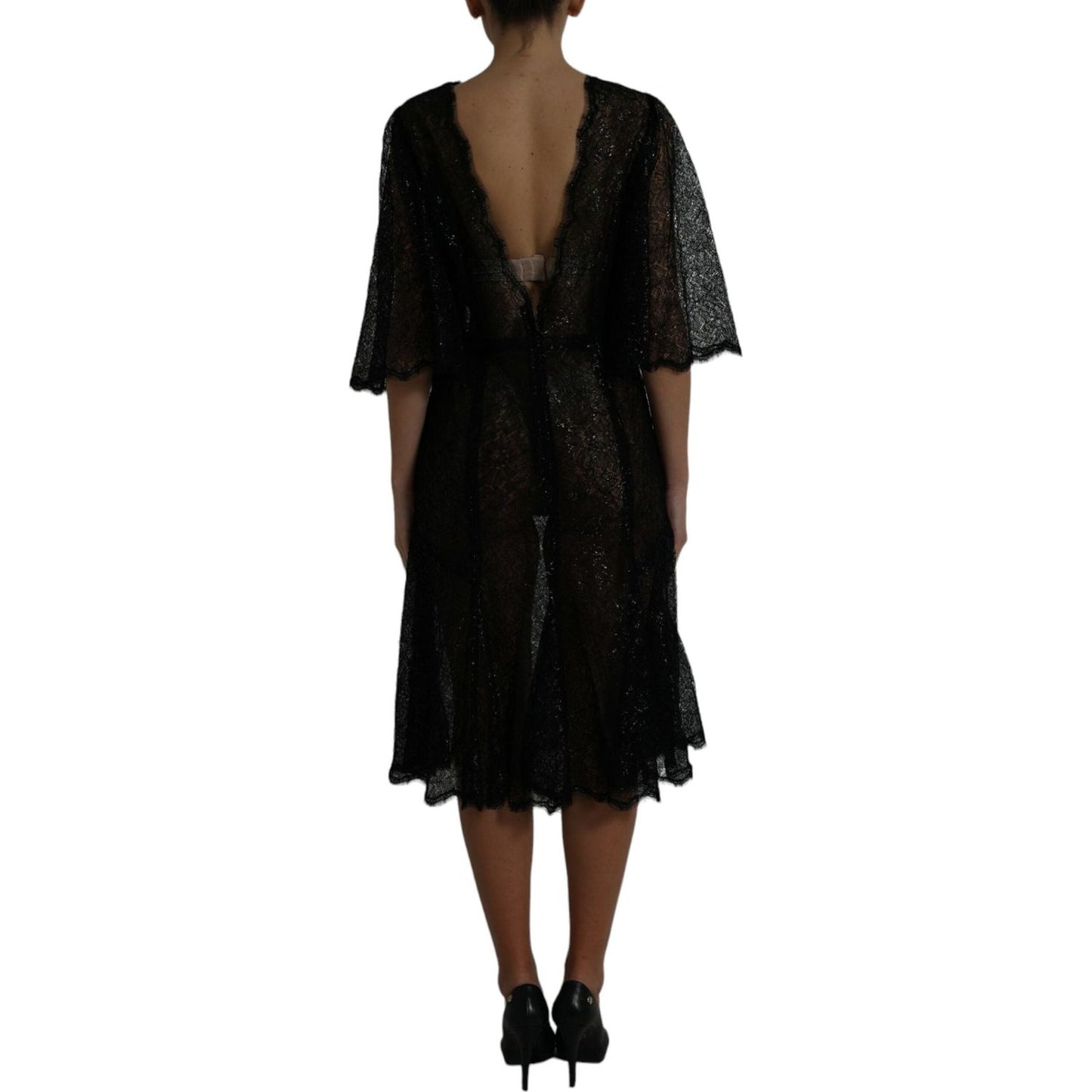 Dolce & Gabbana Black Floral Lace Sheer A-line Midi Dress