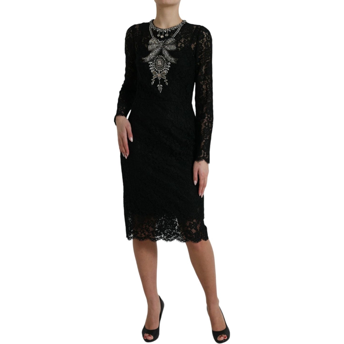 Dolce & Gabbana Black Lace Crystal Embellished Sheath Dress