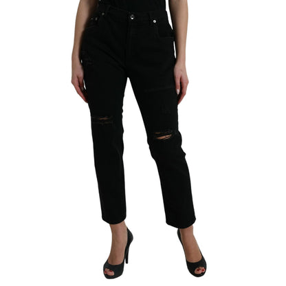 Dolce & Gabbana Black Cotton High Waist Tattered Denim Jeans