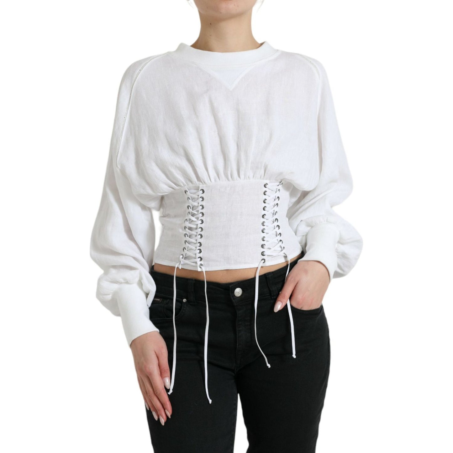 Dolce & Gabbana White Cotton Corset Cropped Long Sleeves Topclothing