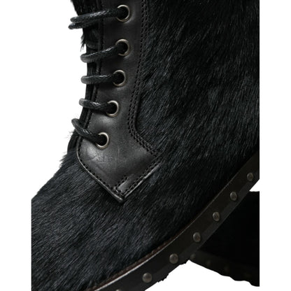 Dolce & Gabbana Black Pony Style Leather Mid Calf Boots Shoes
