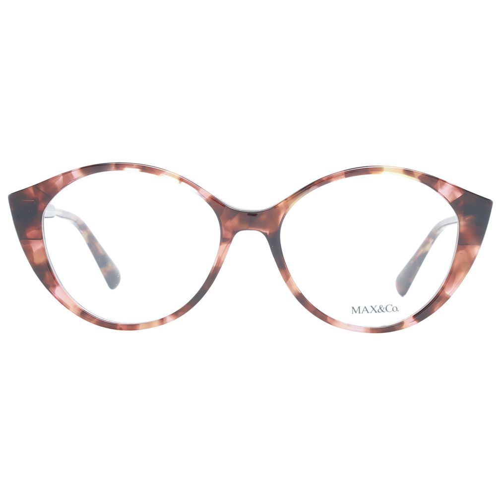 Max & Co Brown Women Glasses Frame, round full-rim plastic, 53-16-140 size with demo lenses, includes branded case.