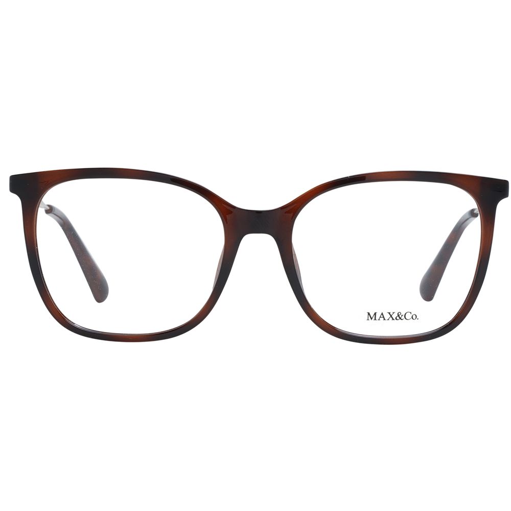 Max & Co Brown Women Glasses Frame with full-rim square design in metal and plastic, demo lenses, and branded case included.