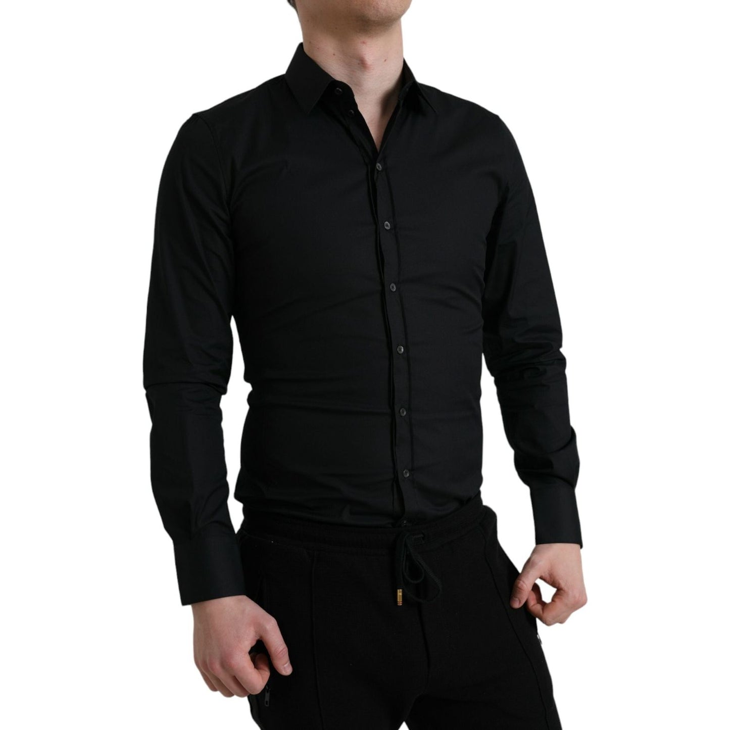 Dolce & Gabbana Black Cotton Stretch Slim Formal Dress Shirt