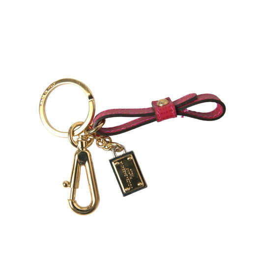 Dolce & Gabbana Red Calf Leather Gold Metal Logo Plaque Keyring Keychain