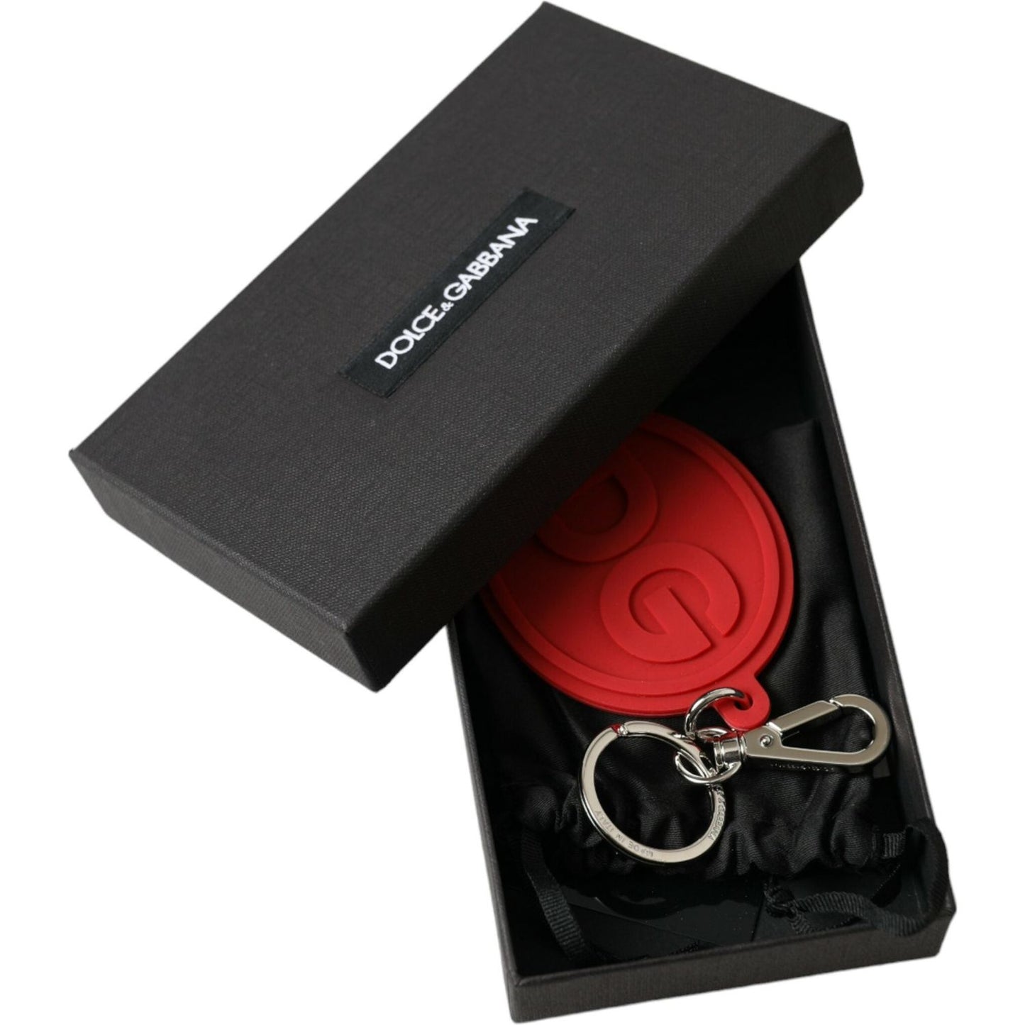 Dolce & Gabbana Red Rubber DG Logo Silver Brass Metal Keyring Keychain SMY101342