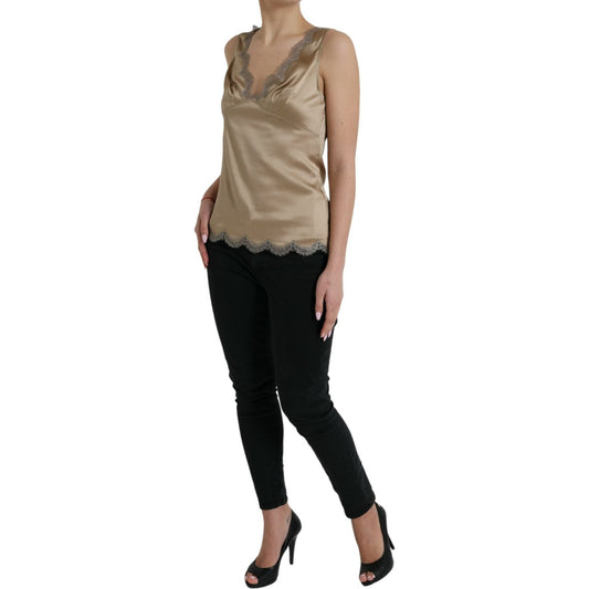 Dolce & Gabbana Brown Lace Trim V-neck Sleeveless Tank Top TSH84790-40