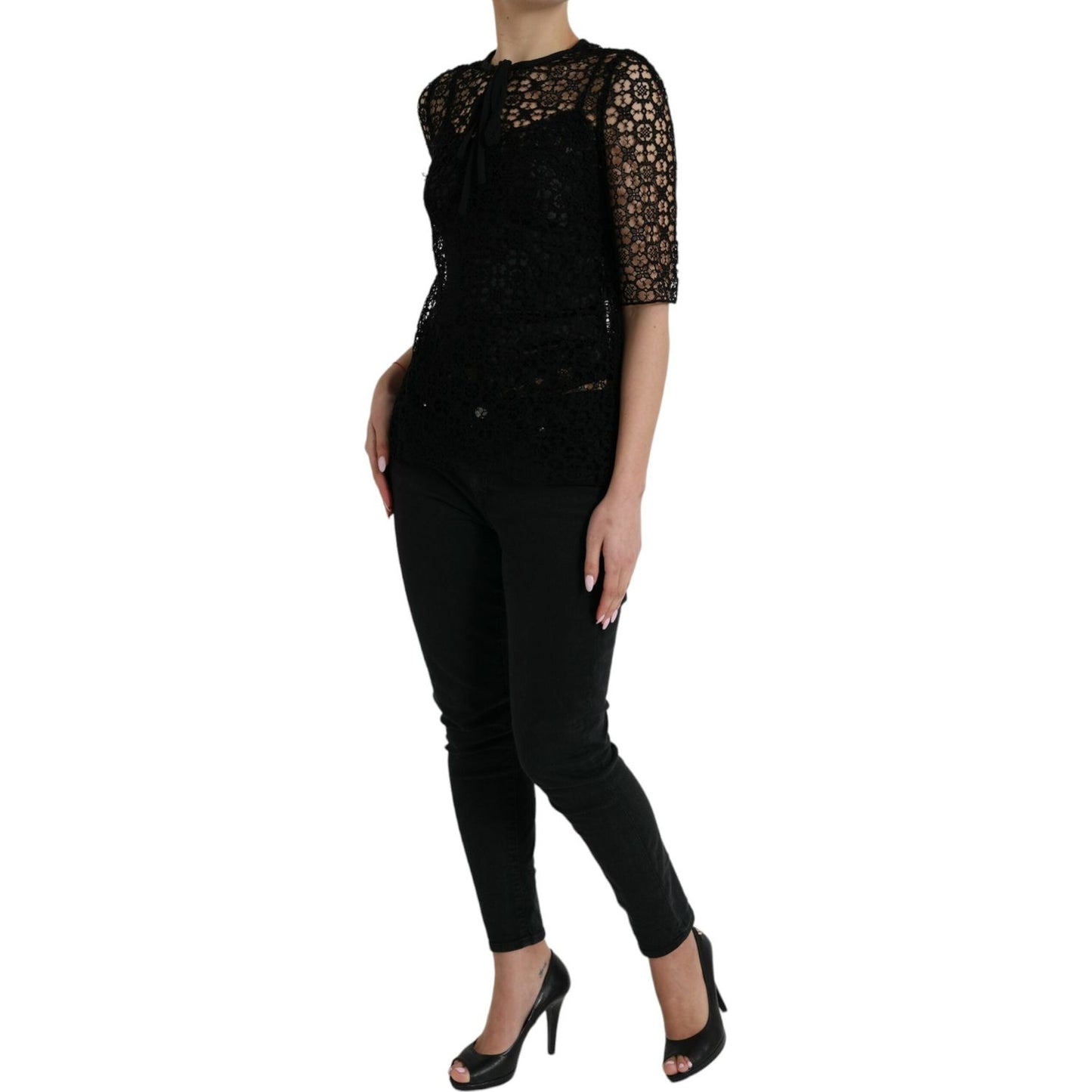 Dolce & Gabbana Black Floral Lace Short Sleeves Blouse Top