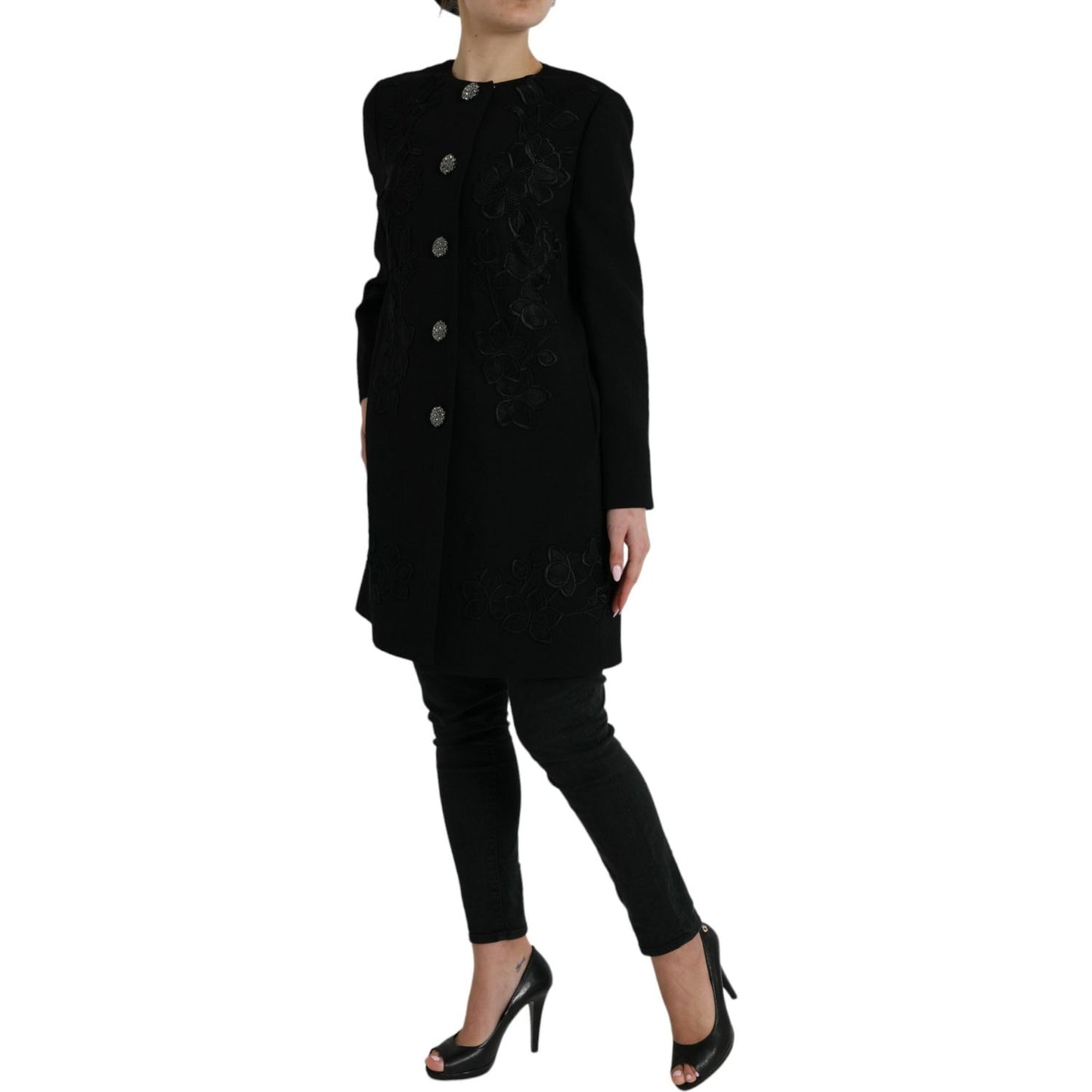 Dolce & Gabbana Black Floral Wool Button Embellished Jacket
