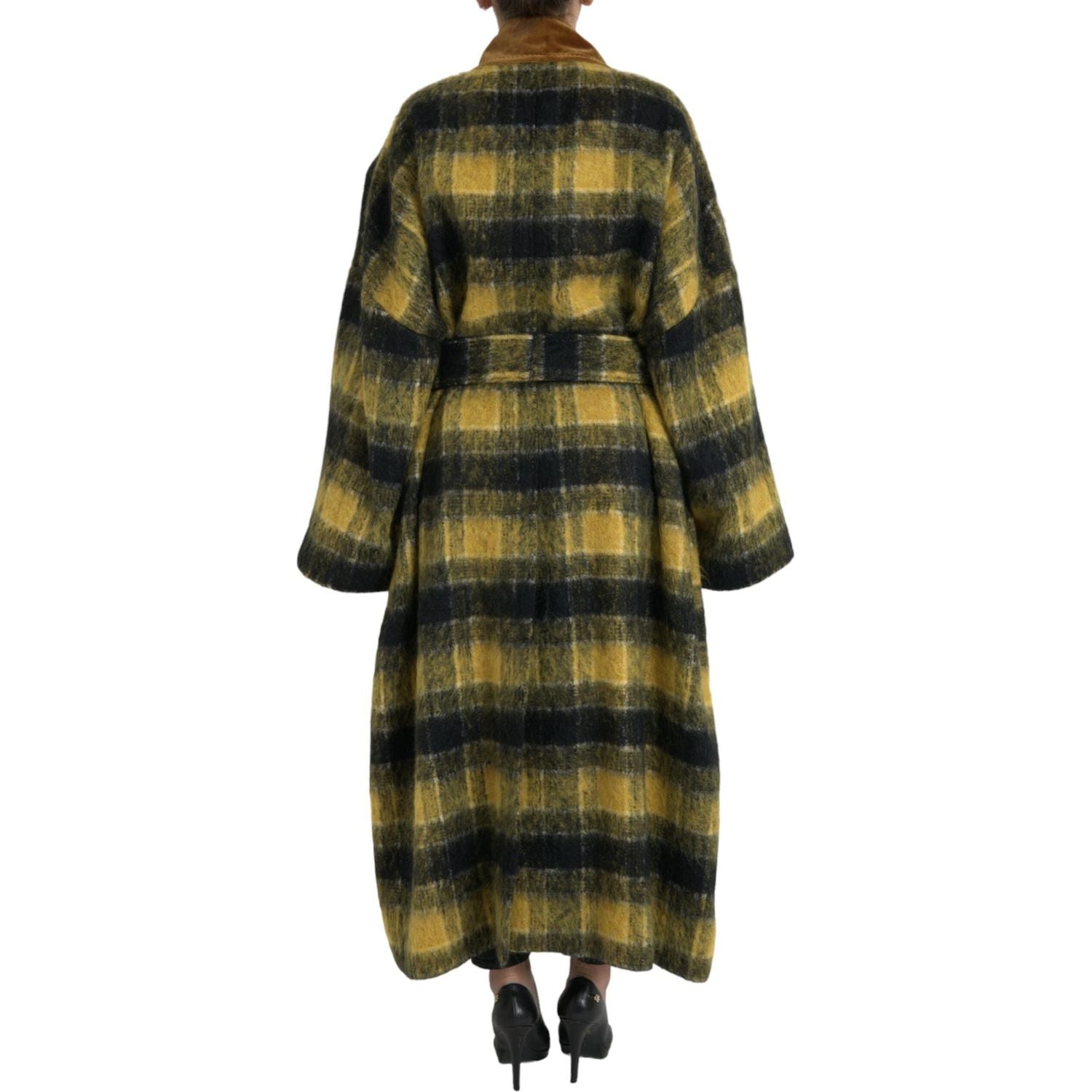 阳光黄格纹长款风衣