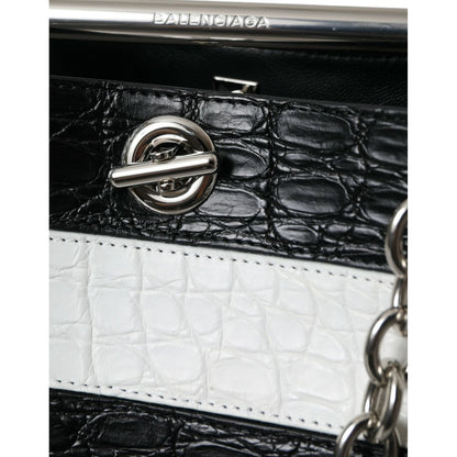 Balenciaga Black White Striped Exotic Skin Leather Maxi Bucket Tote Bag