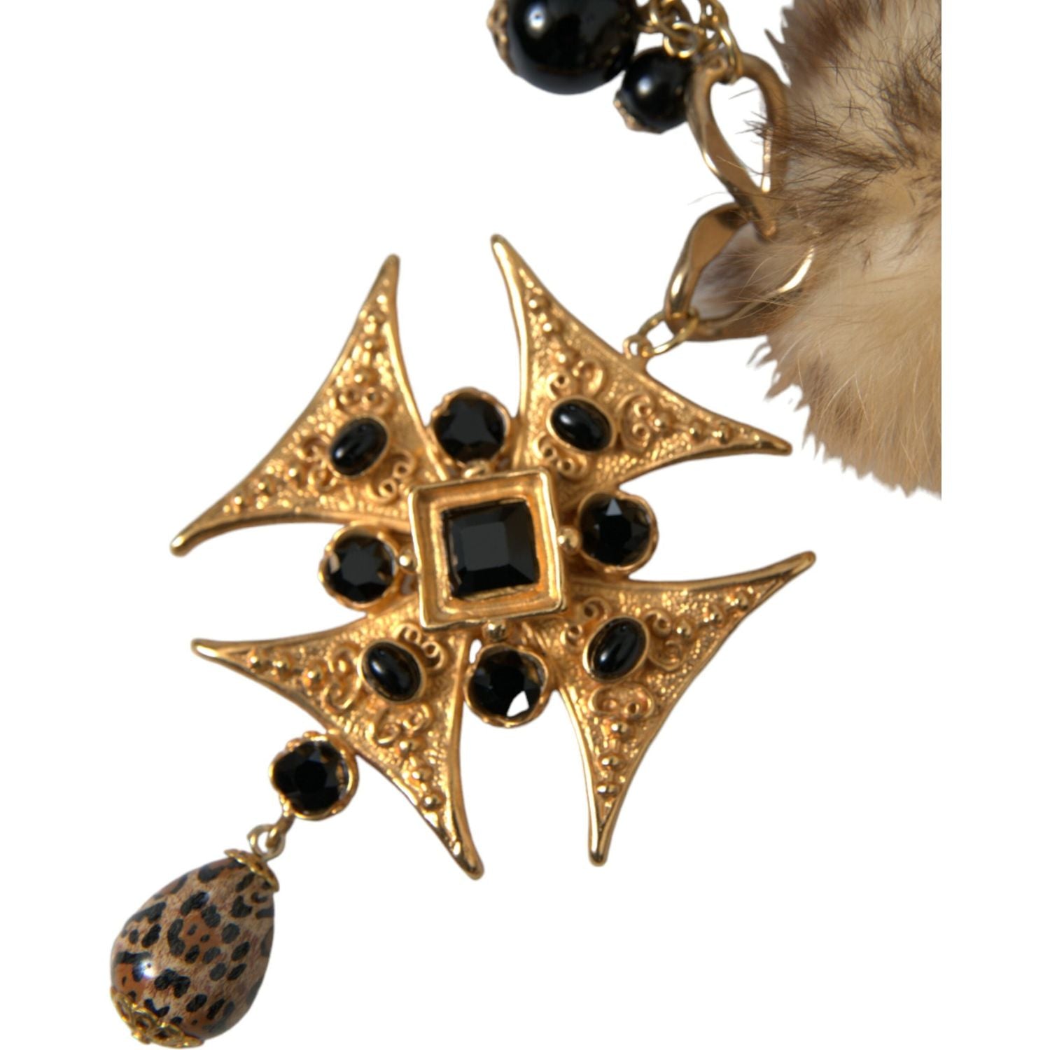 Dolce & Gabbana Gold Black Crystals Lapin Fur Filigree Chocker Necklace