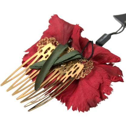 Dolce & Gabbana Red Silk Floral Gold Brass Women Hair Comb