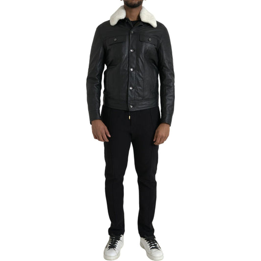 Dolce & Gabbana Black Leather Fur Collar Biker Coat Jacket