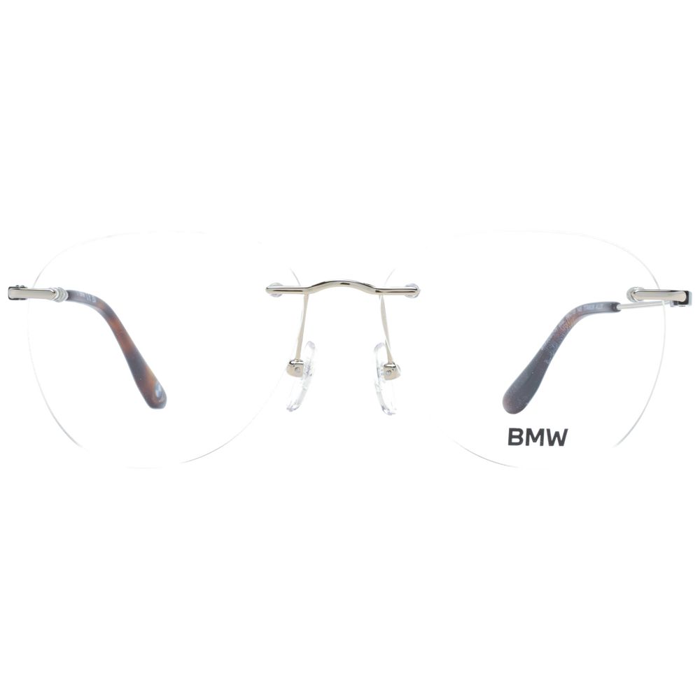 BMW Gold Men Glasses Frame, rimless titanium design in gold, featuring panto style with demo lenses. Includes branded case.