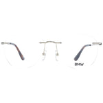BMW Gold Men Glasses Frame, rimless titanium design in gold, featuring panto style with demo lenses. Includes branded case.