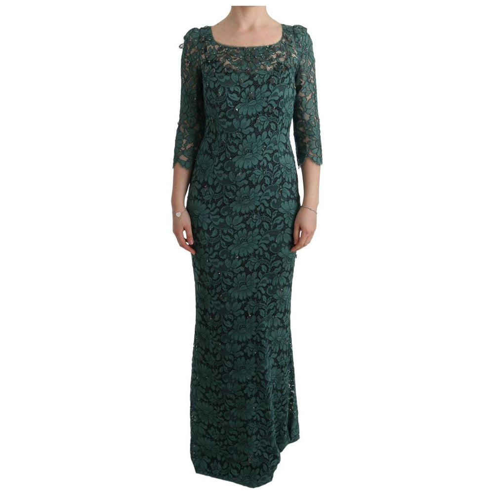 Dolce & Gabbana Green Floral Crystal Ricamo Sheath Dress
