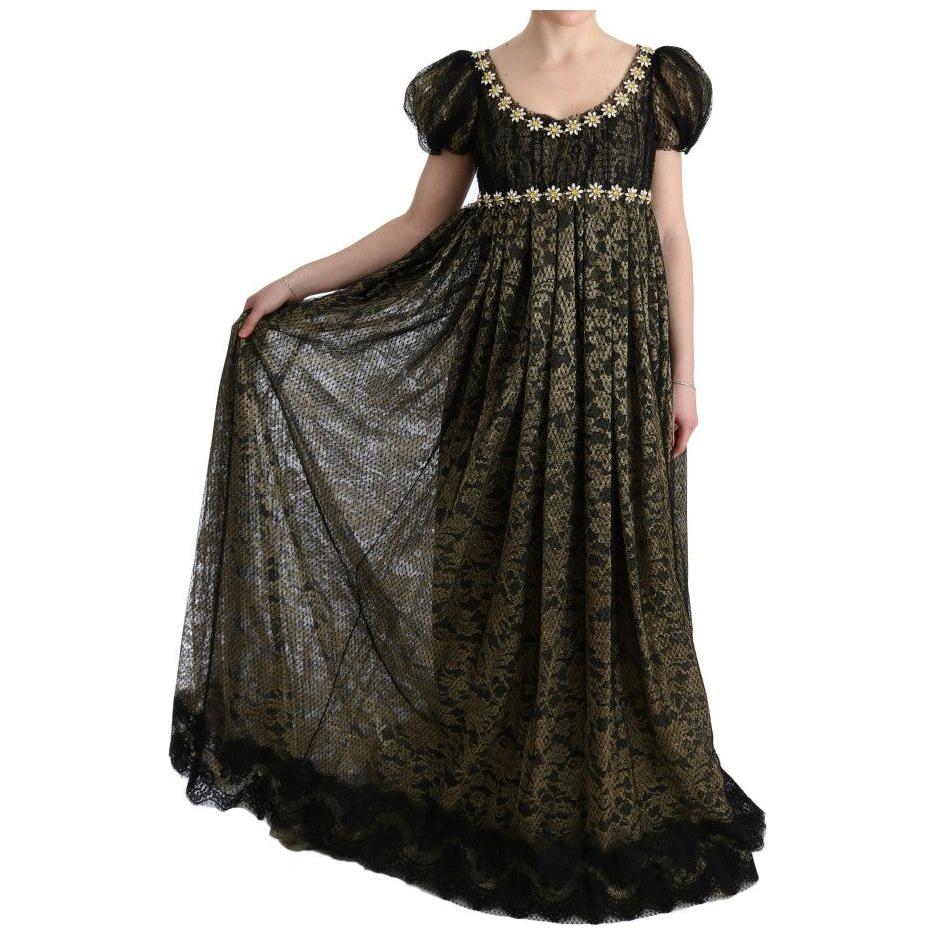 向日葵蕾丝水晶长款直筒连衣裙