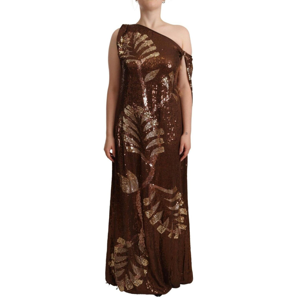 Dsquared² Brown Leaf Sequined Shift One Shoulder Long Dress DR28556