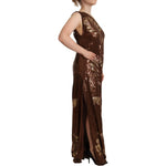 Dsquared² Brown Leaf Sequined Shift One Shoulder Long Dress DR28556