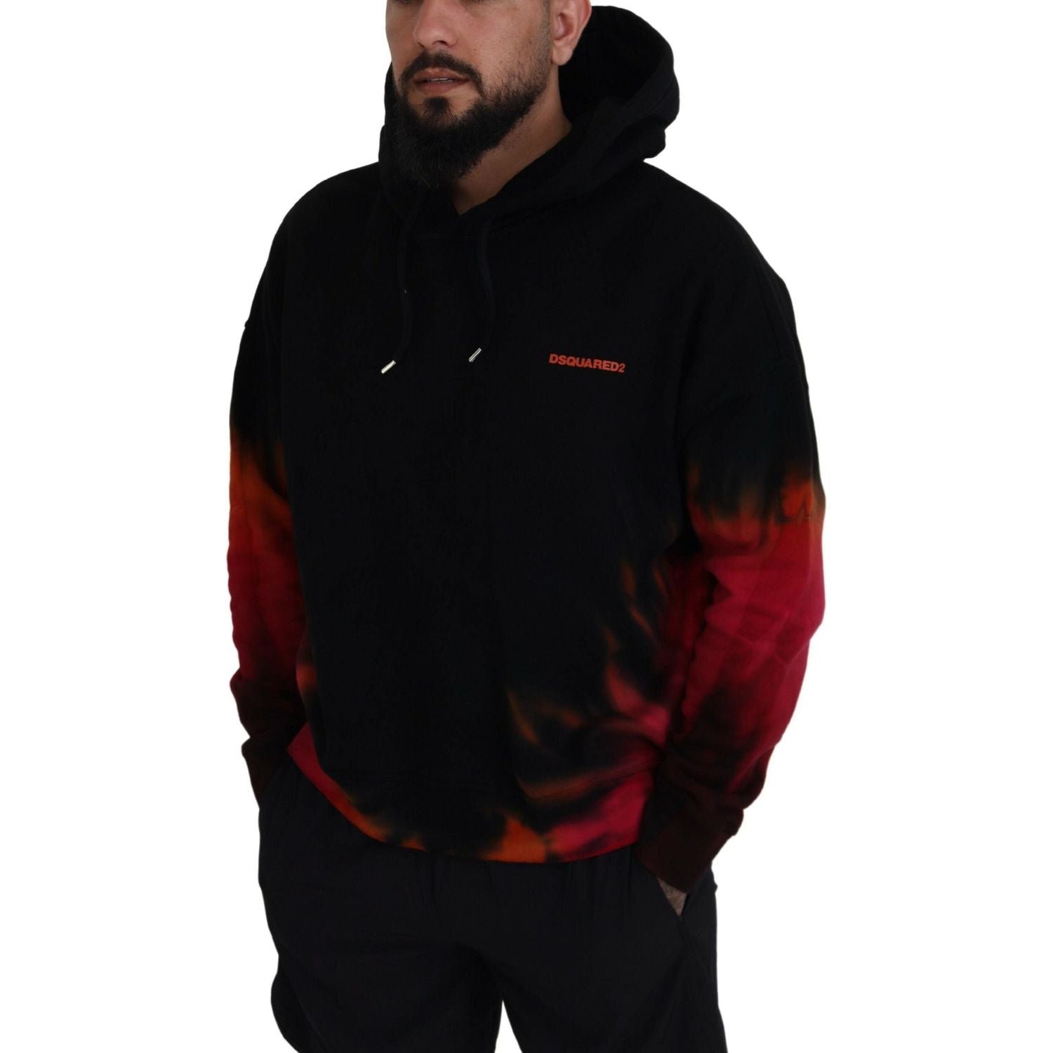 سترة Dsquared² المصنوعة من القطن باللونين الأسود والأحمر مع غطاء رأس وصبغة التعادل