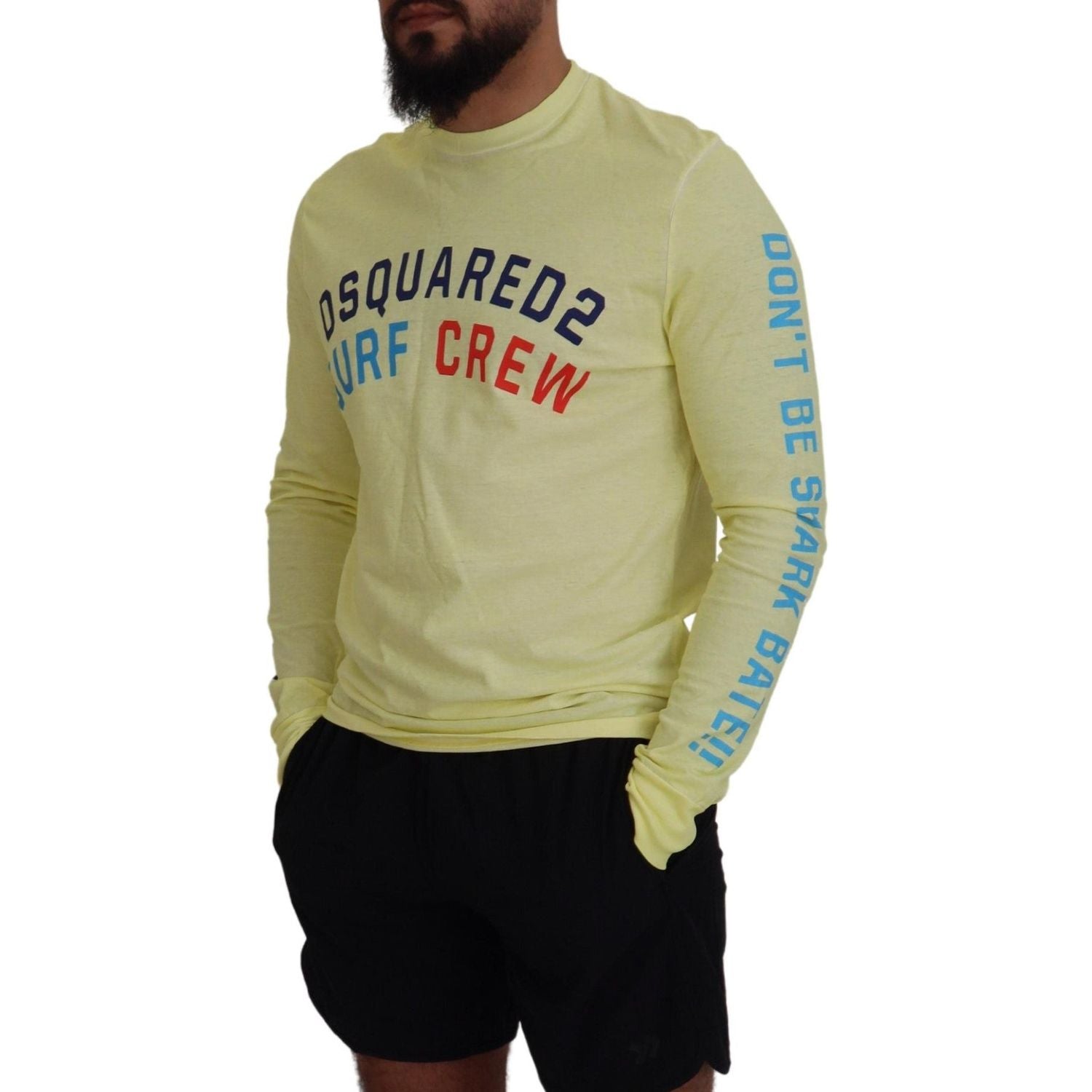 黄色彩色印花长袖上衣 T 恤