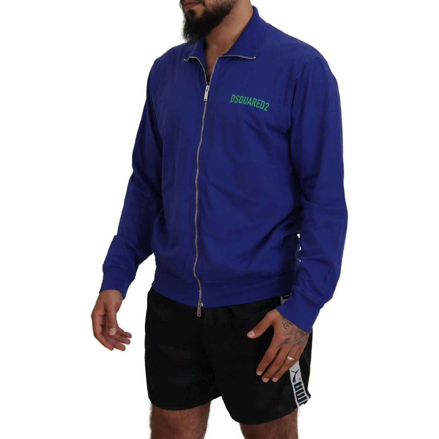 蓝色棉质印花领男士全拉链毛衣