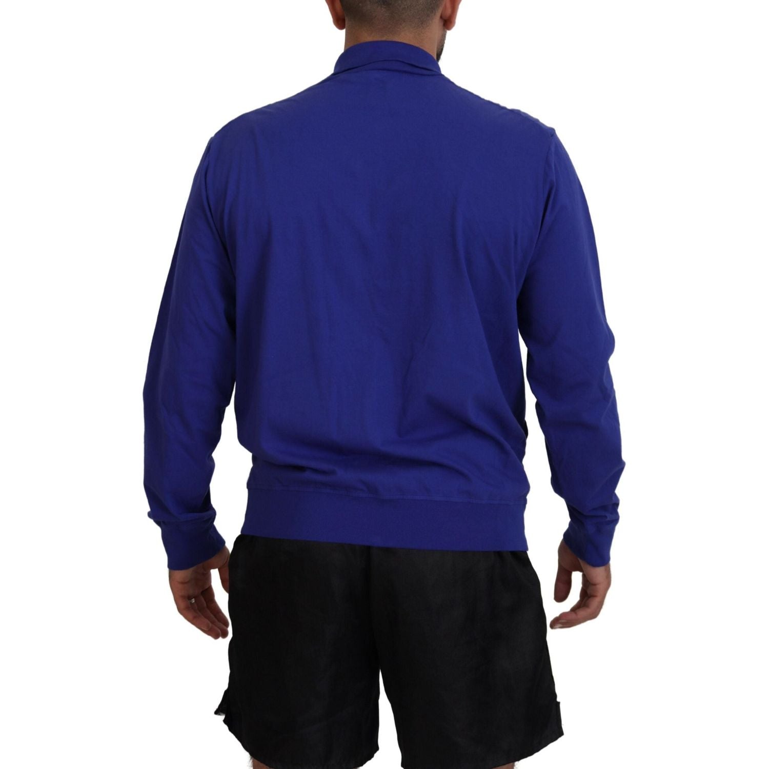 蓝色棉质印花领男士全拉链毛衣