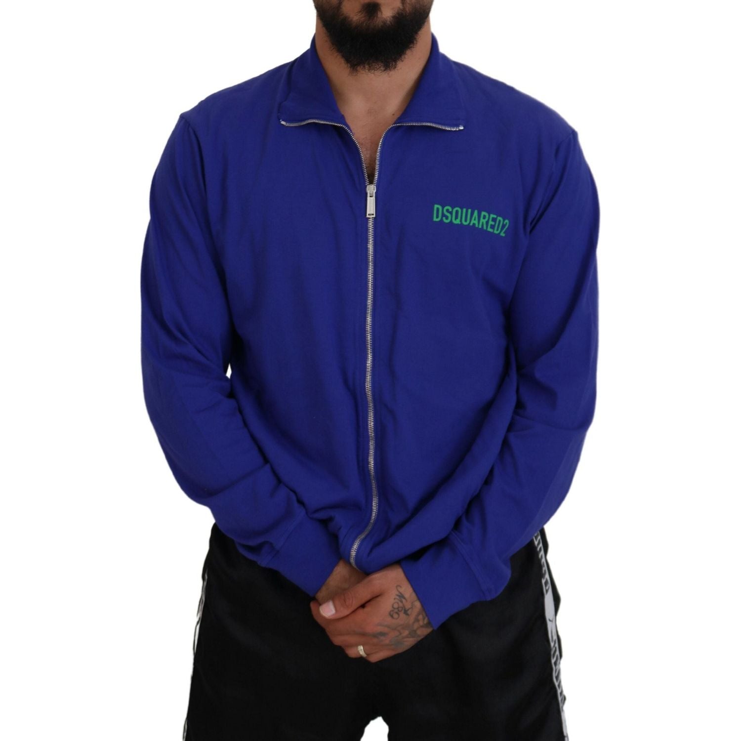 蓝色棉质印花领男士全拉链毛衣