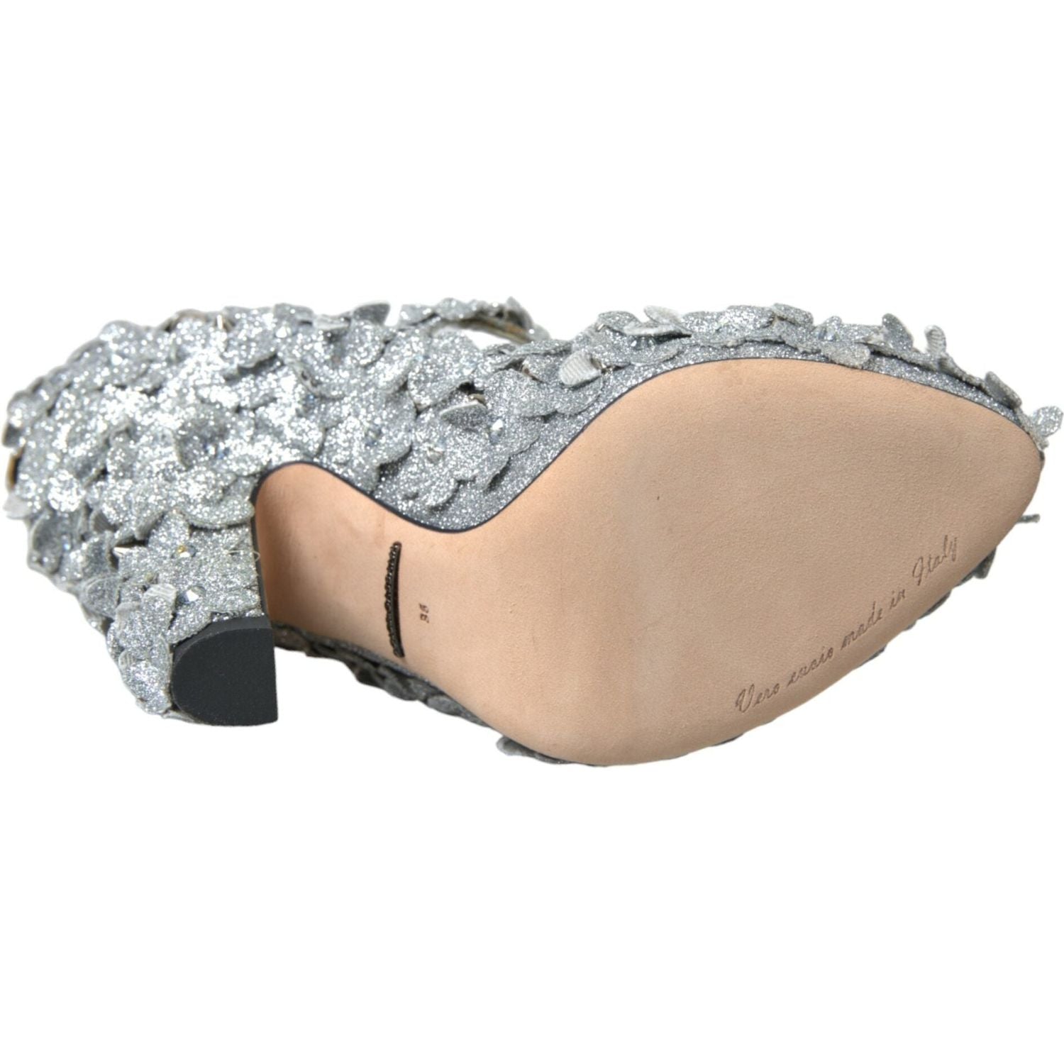 银色花卉水晶玛丽珍鞋