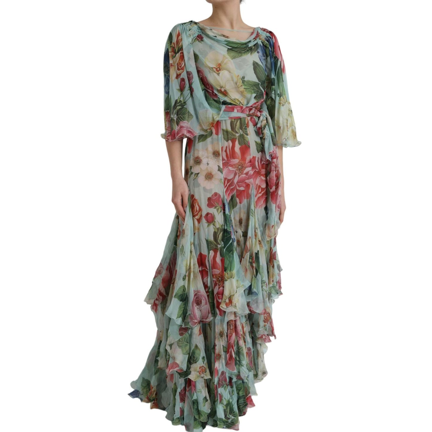 Dolce & Gabbana Blue Floral Print Tiered Long Maxi Dress