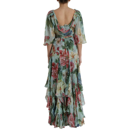 Dolce & Gabbana Blue Floral Print Tiered Long Maxi Dress