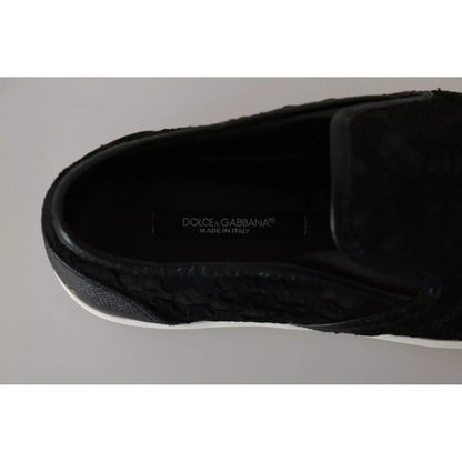 Dolce & Gabbana Black Lace Leather Logo Flat Slip-On Sneakers