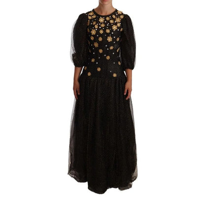 Dolce & Gabbana Black Crystal Floral Maxi Ball Gown Dress