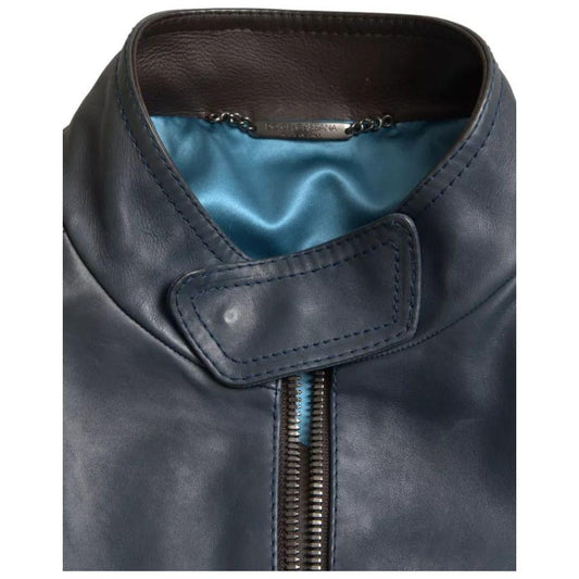 Dolce & Gabbana Blue Leather Full Zip Biker Blouson Jacket JKT4053-48